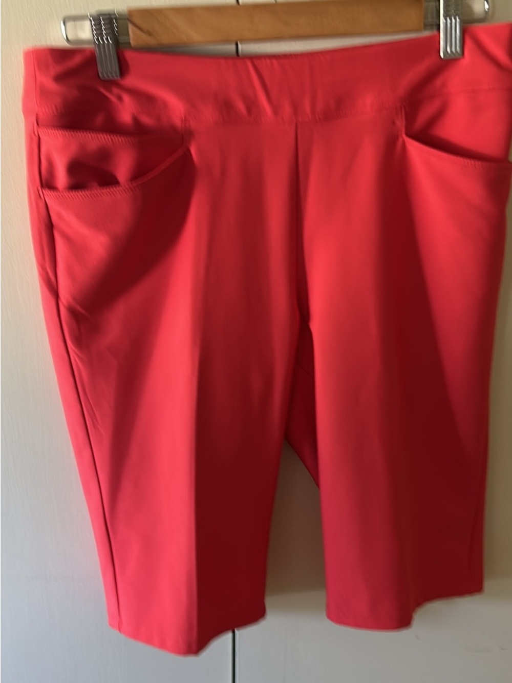 adidas Coral-Red High-Rise Bermuda Capris with Side Pockets